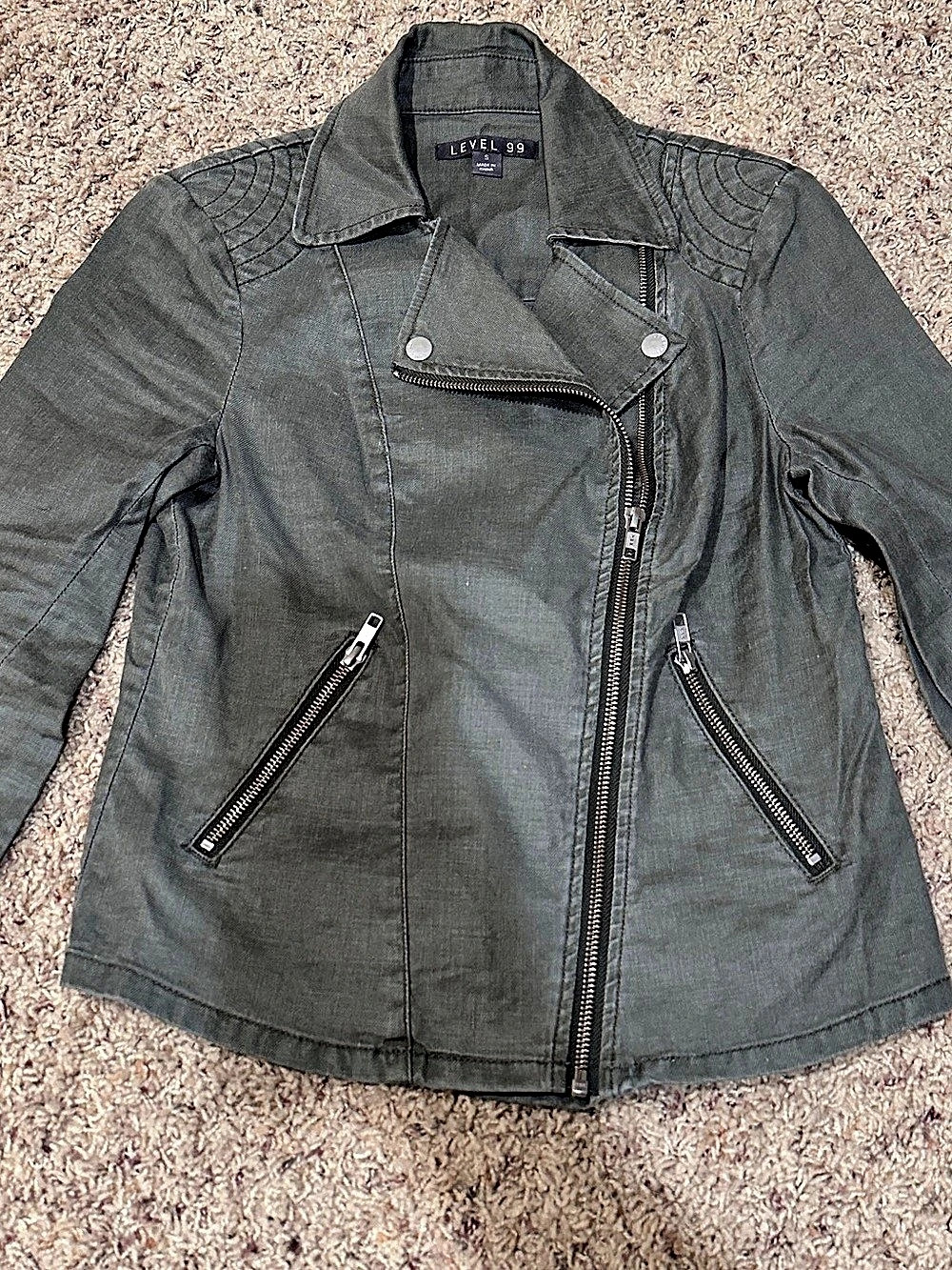 Level 99 Brooklyn Linen Blend Moto Jacket in Olive Size Small